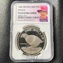 New Zealand 1 Dollar 1982 Silver Takahe Bird NGC PF 69 Ultra Cameo KM#51 TOP POP