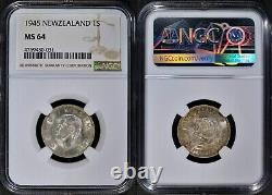 New Zealand 1 Shilling 1945 Silver (ngc Ms64) Premium Quality
