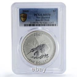 New Zealand 1 dollar Rowi Kiwi with Chick Bird Fauna MS70 PCGS silver coin 2005