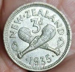 New Zealand 1935 3 Pence, Ext. Rare Key Date 40,000 Minted, Luster, CH AU