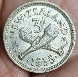 New Zealand 1935 3 Pence, Ext. Rare Key Date 40,000 Minted, Luster, CH AU