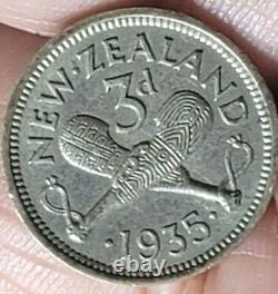 New Zealand 1935 3 Pence Key Date Rare CH AU, Luster, Detail, Full Crown Band