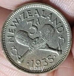 New Zealand 1935 3 Pence Key Date Rare CH AU, Luster, Detail, Full Crown Band