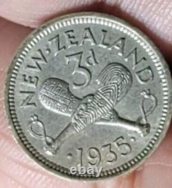 New Zealand 1935 3 Pence Key Date Rare CH AU, Luster, Detail, Full Crown Band