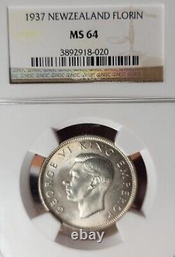 New Zealand 1937 Florin Rare NGC 64 PQ Low Popular High Grade