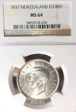 New Zealand 1937 Florin Rare NGC 64 PQ Low Popular High Grade