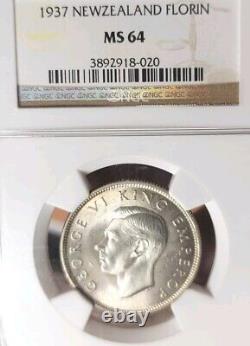 New Zealand 1937 Florin Rare NGC 64 PQ Low Popular High Grade