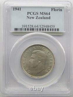 New Zealand 1941 Florin 2/ Silver, PCGS MS64, Only Two Graded Higher
