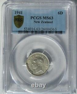 New Zealand 1941 Six Pence 6D, PCGS MS63, Very Low Mintage, Only 2 Graded Higher