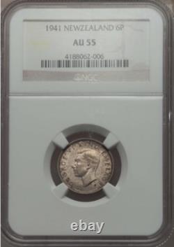 New Zealand 1941 Sixpence Silver Coin Almost Uncirculated Ngc Certified Au-55
