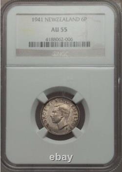 New Zealand 1941 Sixpence Silver Coin Almost Uncirculated Ngc Certified Au-55