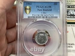 New Zealand 1942 3 Pence 1 Dot PCGS AU58 Key Date Variety