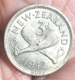 New Zealand 1942 3 Pence One Dot Variety. Rare CH AU/Unc, Luster, Detail