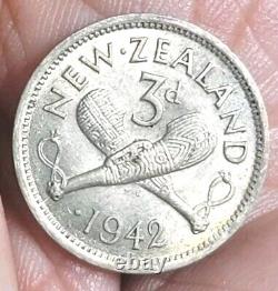 New Zealand 1942 3 Pence One Dot Variety. Rare CH AU/Unc, Luster, Detail