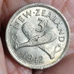 New Zealand 1942 3 Pence One Dot Variety. Rare CH AU/Unc, Luster, Detail