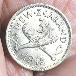 New Zealand 1942 3 Pence One Dot Variety. Rare CH AU/Unc, Luster, Detail