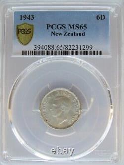 New Zealand 1943 Six Pence 6D, PCGS MS65, Only One Graded Higher, Lots of Luster