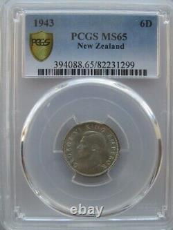 New Zealand 1943 Six Pence 6D, PCGS MS65, Only One Graded Higher, Lots of Luster