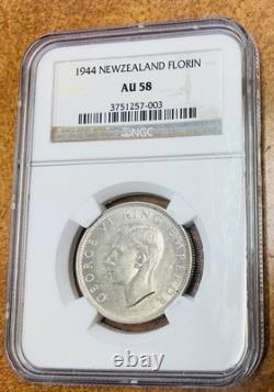 New Zealand 1944 Florin KM10 NGC AU58 key date silver coin