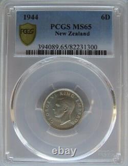 New Zealand 1944 Six Pence 6D, PCGS MS65, Only One Graded Higher, Lots of Luster