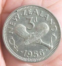 New Zealand 1956 NSF 3 Pence, No Strap, Choice AU, Luster, Sharp Detail Rare