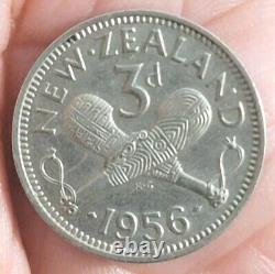 New Zealand 1956 NSF 3 Pence, No Strap, Choice AU, Luster, Sharp Detail Rare