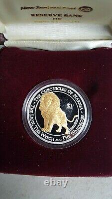 New Zealand 2006 Silver Dollar Proof Coin Narnia Aslan w Gold Plate