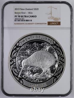 New Zealand 2019 Silver $20 Proof Coin Brown Kiwi 1KG NGC PF70