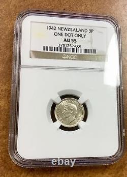 New Zealand 3 Pence 1942 silver, KM#7 NGC AU55 1 Dot only George VI