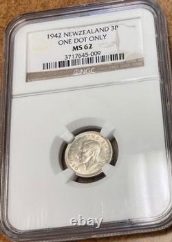 New Zealand 3 Pence 1942 silver, KM#7 NGC MS62 1 Dot only George VI