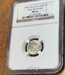 New Zealand 3 Pence 1942 silver, KM#7 NGC MS62 1 Dot only George VI