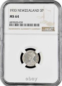 New Zealand 3 pence 1933, NGC MS64, King George VI (1937 1952) Top Pop 5/0