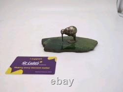 New Zealand EPNS Silver Plated Kiwi Bird on Pounamu Greenstone Base Ornament