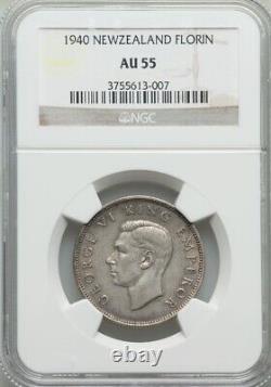 New Zealand George VI 1940 Florin Coin, Almost Uncirculated, Ngc Certified Au55