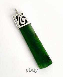 New Zealand Maori Pounamu Greenstone Jade Pendant Sterling Silver Koru Setting