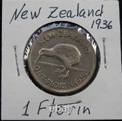 New Zealand, Very Rare 1 Florin 1936, Km# 4, Xf Circ Old Silver Coin, Lot #156