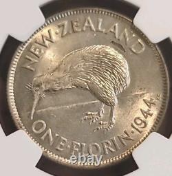 News Zealand 1944 Florin Rare Superb Gem KeyDate Low Mtg NGC 62PQ LJ