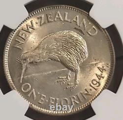 News Zealand 1944 Florin Rare Superb Gem KeyDate Low Mtg NGC 62PQ LJ