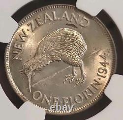 News Zealand 1944 Florin Rare Superb Gem KeyDate Low Mtg NGC 62PQ LJ
