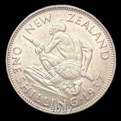 One Shilling Silver Coin 1937 New Zealand Uncirculated Foreign World Coin