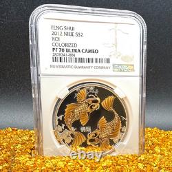 Proof 2012 NIUE Silver S$2 Feng Shui Koi Fish Colorized PF70UC 1 of 84 Mint