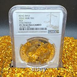 Proof 2012 NIUE Silver S$2 Feng Shui Koi Fish Colorized PF70UC 1 of 84 Mint