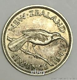 Rare 1941 New Zealand Silver Six Pence Coin About Uncirculated Condition