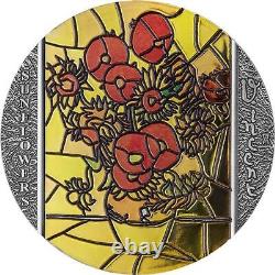 SUNFLOWERS VINCENT VAN GOGH STAINED GLASS 2 OZ Silver Coin 10 Cedis Ghana 2022