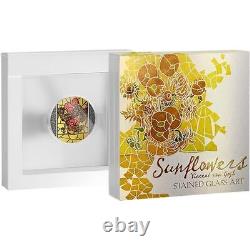 SUNFLOWERS VINCENT VAN GOGH STAINED GLASS 2 OZ Silver Coin 10 Cedis Ghana 2022