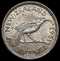 Unc 1943 New Zealand Sixpence Silver Coin King George VI / Huia Bird # 0803