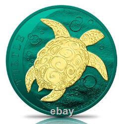1 oz Argent Nouvelle-Zélande Tortue Espace couleur verte et dorée à l'or 24 carats