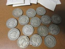 (15) Florins en argent de Nouvelle-Zélande 1933-1943 / Teneur en argent 2,727 oz ASW pour 15