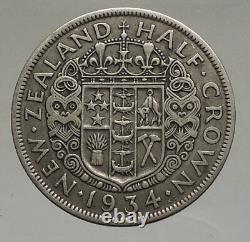 1934 NOUVELLE-ZÉLANDE Royaume-Uni Roi George V Véritable pièce de monnaie en argent demi-couronne antique i56644