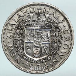 1934 NOUVELLE-ZÉLANDE UK Roi George V Authentique Pièce de Monnaie en Argent Demi-Couronne Antique